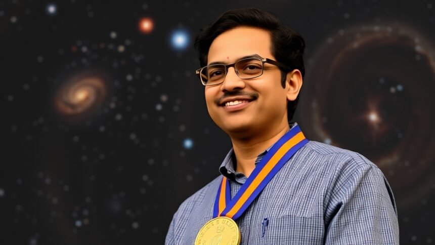A photo of an Indian-origin scientist receiving a gold medal from the Royal Astronomical Society, with a background of stars and galaxies.