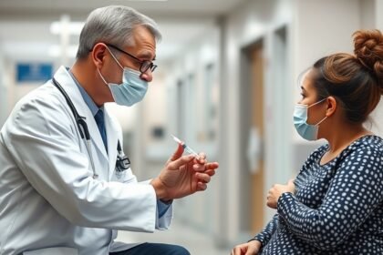 a photo of a pediatrician explaining vaccine benefits to a concerned mother, with a blurred background of a hospital or clinic