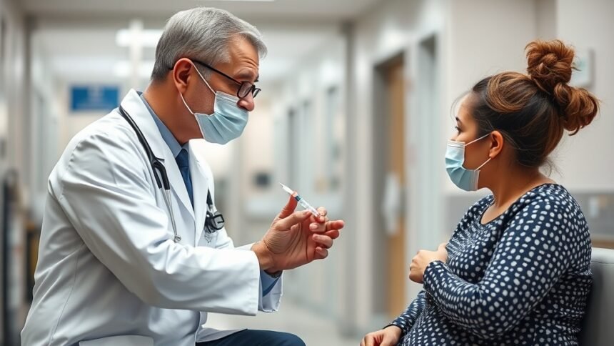 a photo of a pediatrician explaining vaccine benefits to a concerned mother, with a blurred background of a hospital or clinic