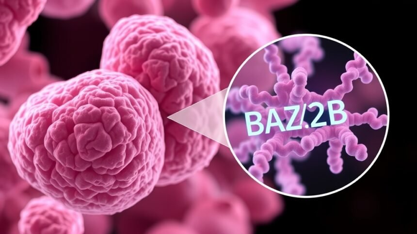 An illustration of a breast cancer cell with a magnified view of the BAZ2B protein, highlighting its role in cancer progression