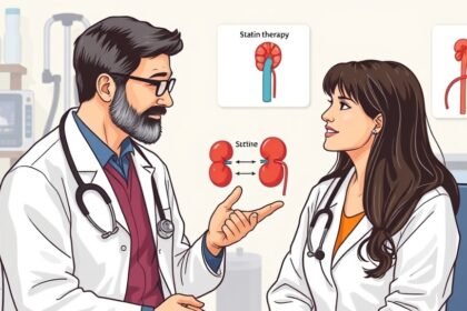 A detailed illustration of a doctor explaining statin therapy to a patient with acute kidney injury, with a background of medical equipment and a kidney diagram.