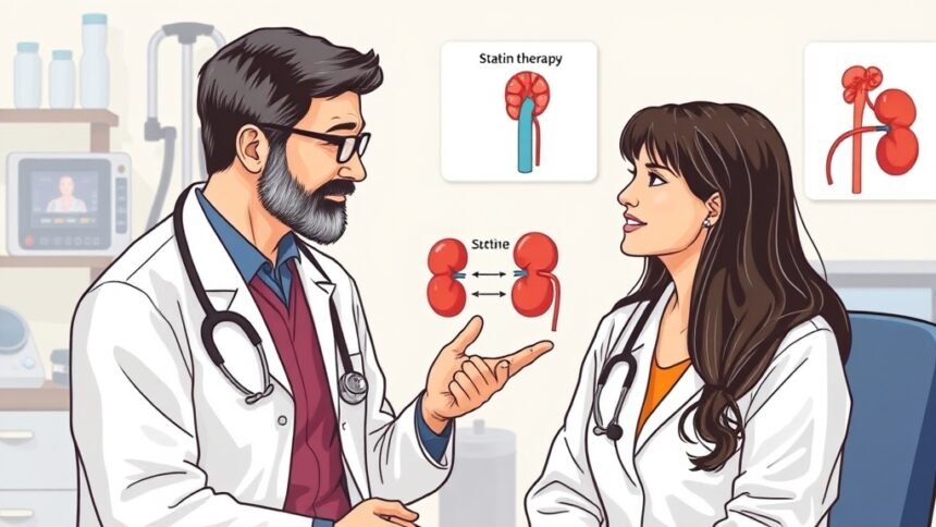 A detailed illustration of a doctor explaining statin therapy to a patient with acute kidney injury, with a background of medical equipment and a kidney diagram.