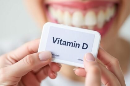 A picture of a person holding a tablet of vitamin D, with a subtle background image of a mouth or oral cavity, symbolizing the connection between vitamin D and oral health.