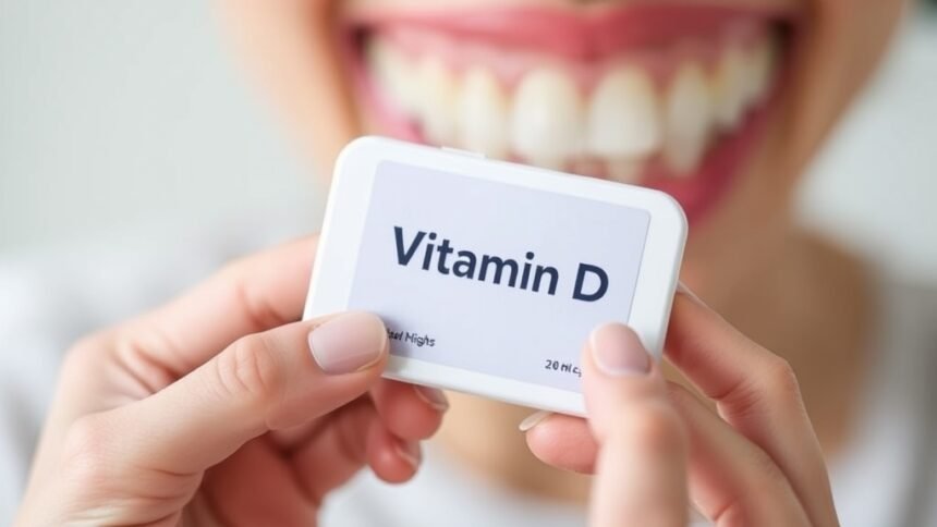 A picture of a person holding a tablet of vitamin D, with a subtle background image of a mouth or oral cavity, symbolizing the connection between vitamin D and oral health.