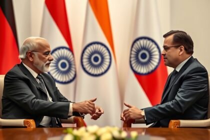 A diplomatic meeting between Indian and German officials with a background of flags of both countries and a subtle hint of economic and defense cooperation