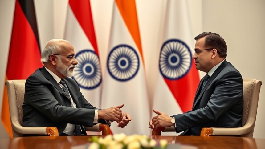 A diplomatic meeting between Indian and German officials with a background of flags of both countries and a subtle hint of economic and defense cooperation