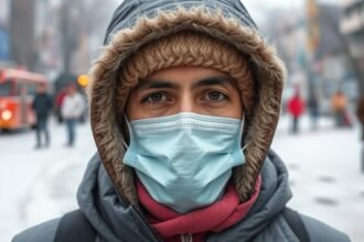A photo of a person wearing warm clothes and a mask, with a blurred background of Delhi's streets and buildings, to represent the cold wave and its impact on health.