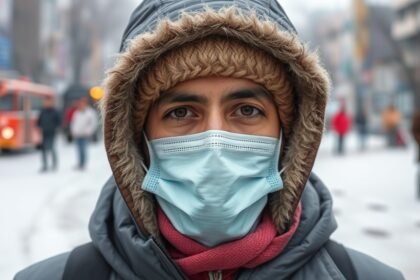 A photo of a person wearing warm clothes and a mask, with a blurred background of Delhi's streets and buildings, to represent the cold wave and its impact on health.