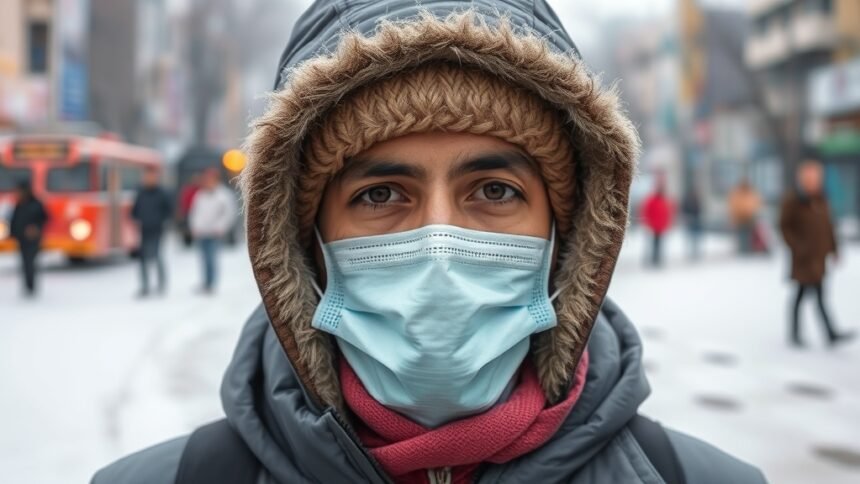 A photo of a person wearing warm clothes and a mask, with a blurred background of Delhi's streets and buildings, to represent the cold wave and its impact on health.