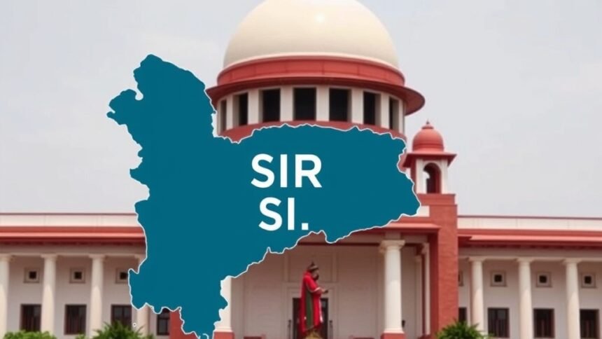 An image of the Supreme Court of India with a background of West Bengal state map, highlighting the importance of the SIR process in the state's election proceedings.