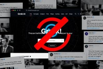 A screenshot of Grok AI's website with a red "blocked" symbol overlay, surrounded by news headlines and social media posts discussing the controversy