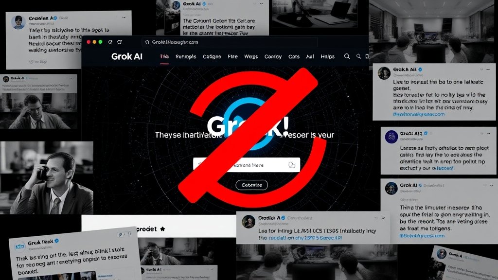 A screenshot of Grok AI's website with a red "blocked" symbol overlay, surrounded by news headlines and social media posts discussing the controversy