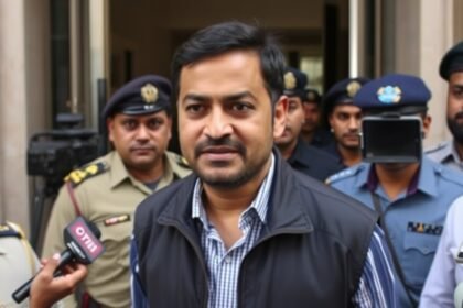 A photo of Vijay arriving at the CBI office in Delhi, with a crowd of reporters and police officers in the background.
