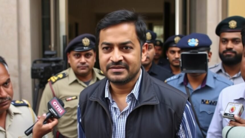 A photo of Vijay arriving at the CBI office in Delhi, with a crowd of reporters and police officers in the background.