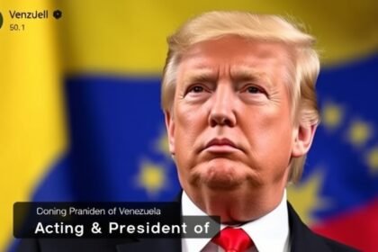 A photo of Donald Trump with a Venezuelan flag in the background, with a caption "Acting President of Venezuela" on a social media platform