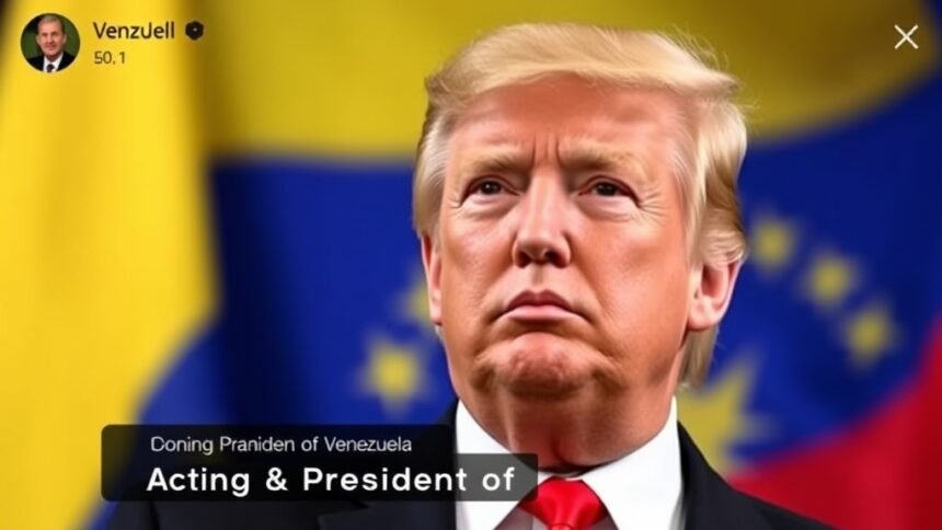 A photo of Donald Trump with a Venezuelan flag in the background, with a caption "Acting President of Venezuela" on a social media platform
