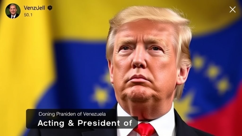 A photo of Donald Trump with a Venezuelan flag in the background, with a caption "Acting President of Venezuela" on a social media platform