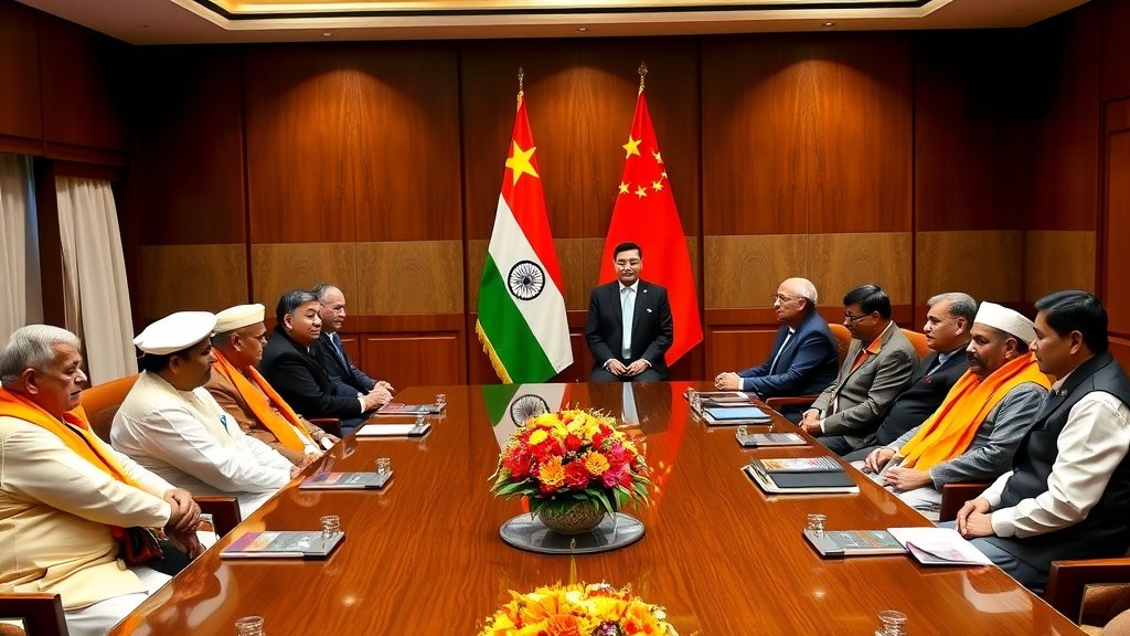 A group of Chinese Communist Party delegates meeting with BJP and RSS officials in a conference room in New Delhi, with the Indian and Chinese flags in the background.