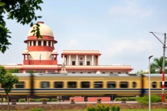 A picture of the Supreme Court of India with a train passing by in the background, symbolizing the connection between the judiciary and the incident.