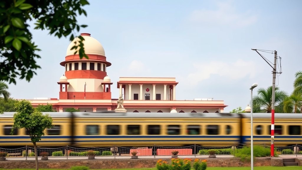 A picture of the Supreme Court of India with a train passing by in the background, symbolizing the connection between the judiciary and the incident.