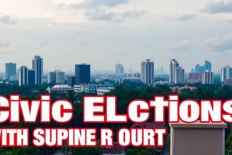 A photo of the Bengaluru city skyline with a poll booth or election-related graphics in the foreground, symbolizing the civic elections and the Supreme Court's directive.