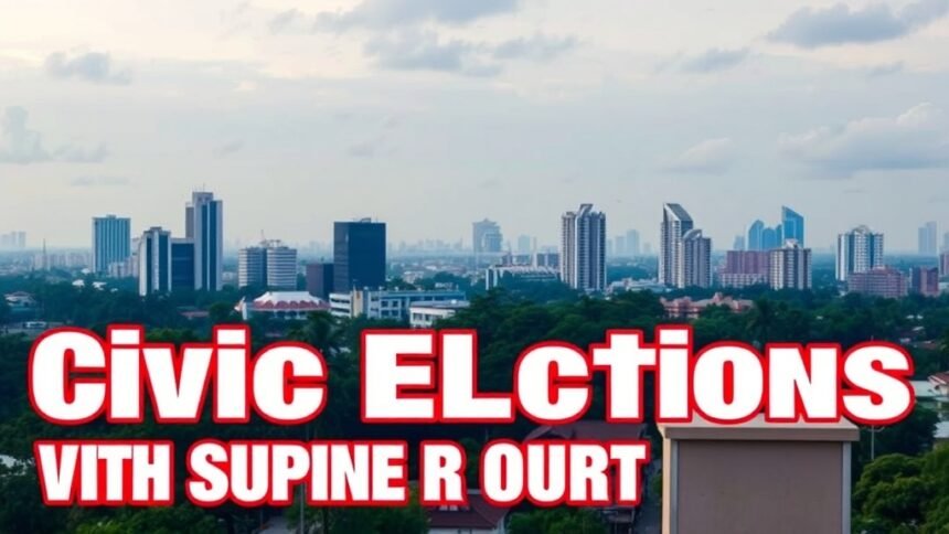 A photo of the Bengaluru city skyline with a poll booth or election-related graphics in the foreground, symbolizing the civic elections and the Supreme Court's directive.