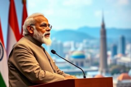 A photo of PM Modi speaking at a conference with a backdrop of Indian flags and a cityscape, symbolizing India's growth and stability as an investment destination