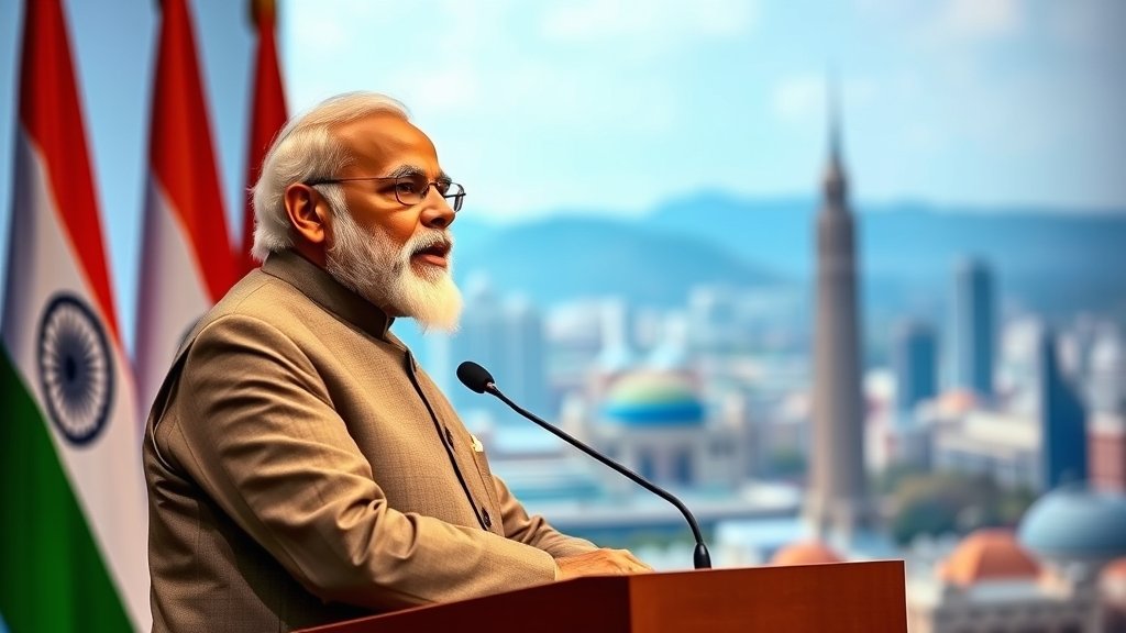 A photo of PM Modi speaking at a conference with a backdrop of Indian flags and a cityscape, symbolizing India's growth and stability as an investment destination