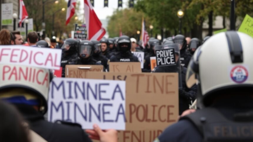 A photo of a protest in Minneapolis with a background of federal agents in riot gear, highlighting the tension between law enforcement and the community.