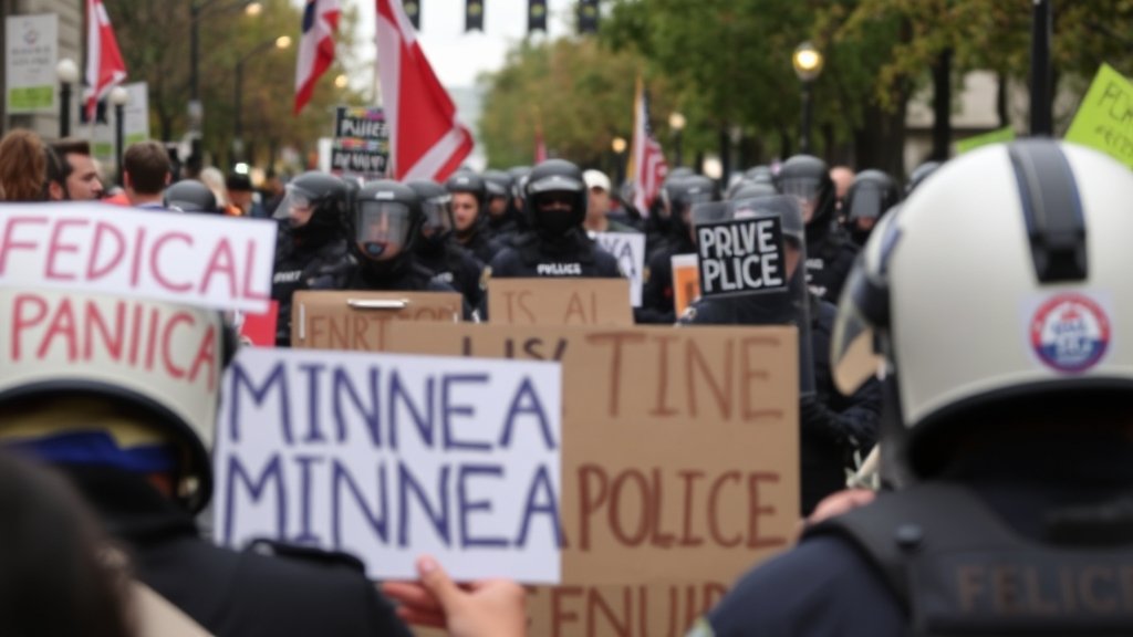 A photo of a protest in Minneapolis with a background of federal agents in riot gear, highlighting the tension between law enforcement and the community.