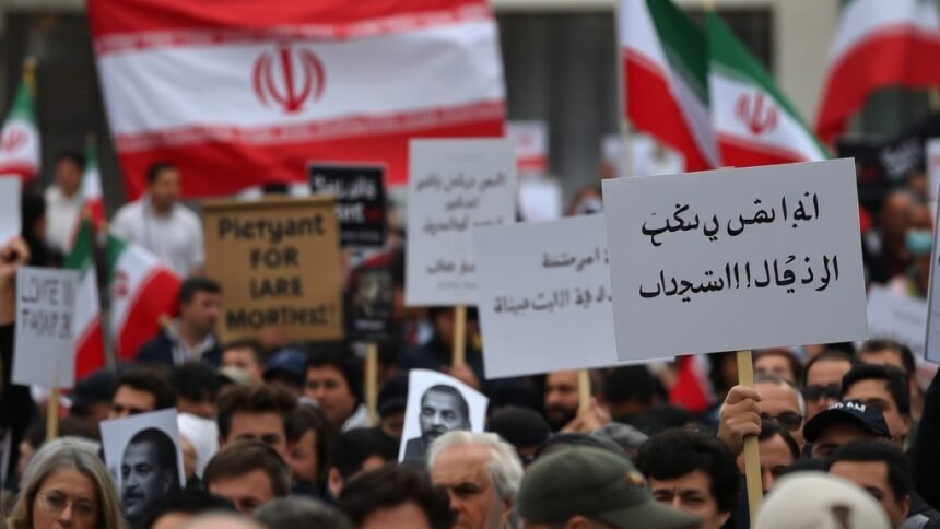 A photo of a protest in Iran with a crowd of people holding signs and banners, with a subtle background of the Iranian flag