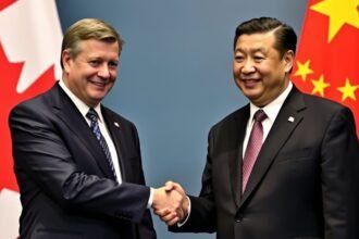 A photo of Canadian Prime Minister Mark Carney shaking hands with Chinese President Xi Jinping, with a backdrop of the Canadian and Chinese flags.