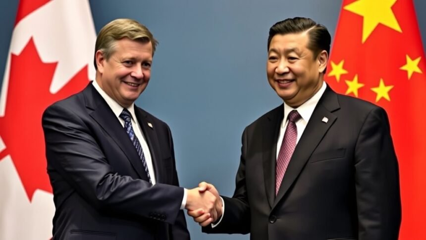 A photo of Canadian Prime Minister Mark Carney shaking hands with Chinese President Xi Jinping, with a backdrop of the Canadian and Chinese flags.