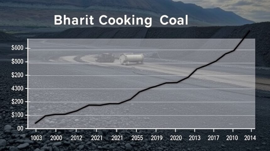 A graph showing the growth of Bharat Coking Coal's stock price with a background of a coal mine