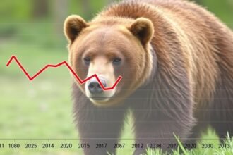 A graph showing the decline of Sensex and Nifty over a period of time, with a bear in the background, symbolizing the bear market.