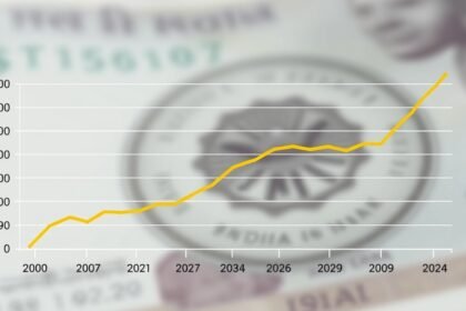 a graph showing the trend of retail inflation in India over the past year, with a subtle background image of the Indian currency or a related financial symbol