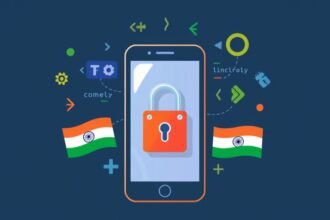 A illustration of a smartphone with a padlock, surrounded by coding symbols and Indian flags, conveying the idea of smartphone security and source code sharing in India.