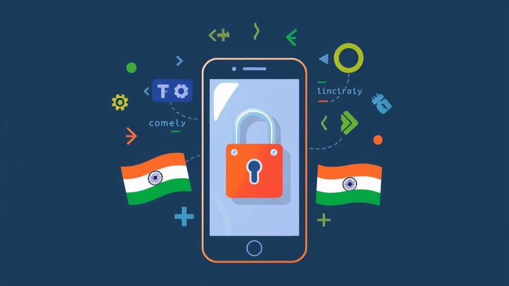 A illustration of a smartphone with a padlock, surrounded by coding symbols and Indian flags, conveying the idea of smartphone security and source code sharing in India.