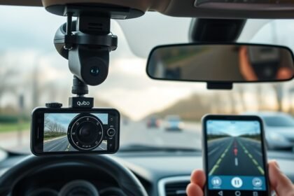 A high-quality image of a Qubo 4G-connected dashcam installed in a car, with a city road in the background and a smartphone screen showing the dashcam's live feed.