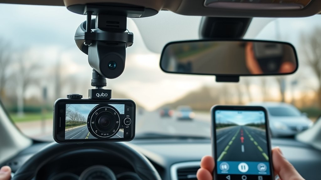 A high-quality image of a Qubo 4G-connected dashcam installed in a car, with a city road in the background and a smartphone screen showing the dashcam's live feed.