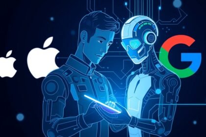 A futuristic illustration of a person interacting with a smart device, with a subtle background hint of the Apple and Google logos, conveying the theme of AI-powered innovation and collaboration.