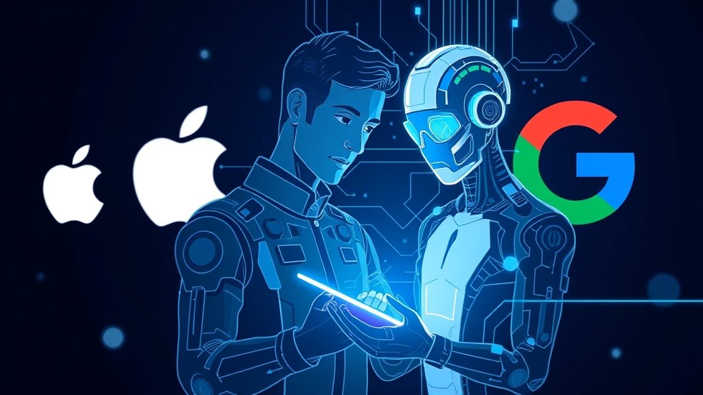 A futuristic illustration of a person interacting with a smart device, with a subtle background hint of the Apple and Google logos, conveying the theme of AI-powered innovation and collaboration.