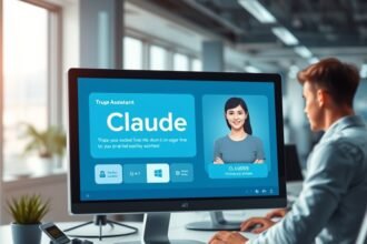 A futuristic office setting with a computer screen displaying the Claude AI assistant, with a human worker in the background, highlighting the collaboration between humans and AI in the workplace