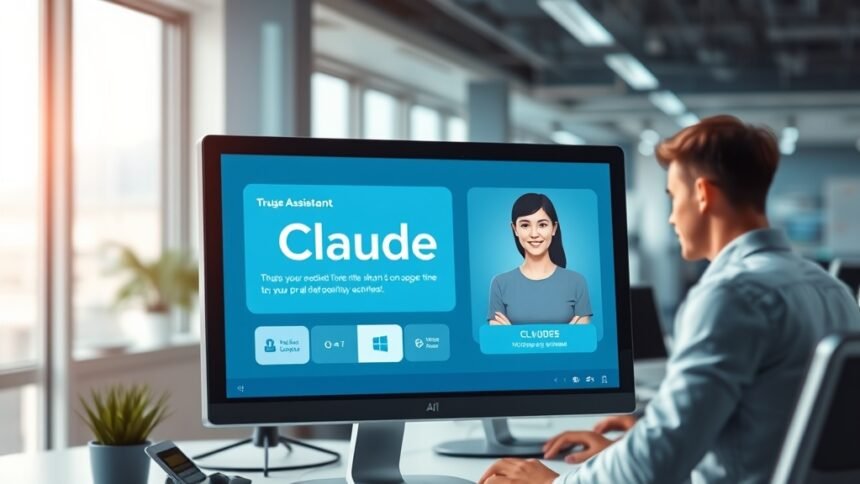 A futuristic office setting with a computer screen displaying the Claude AI assistant, with a human worker in the background, highlighting the collaboration between humans and AI in the workplace