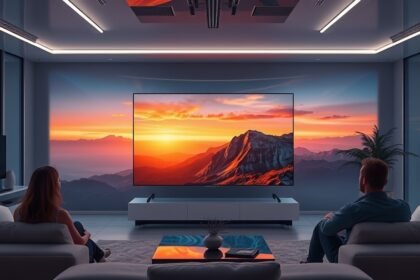 A futuristic living room with a large Samsung TV displaying a stunning 8K resolution image, with a few people sitting on a couch and admiring the picture quality.