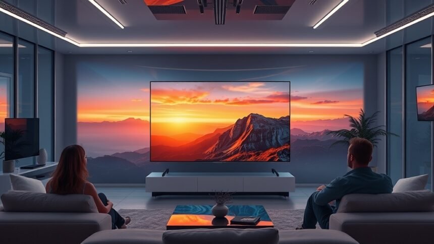 A futuristic living room with a large Samsung TV displaying a stunning 8K resolution image, with a few people sitting on a couch and admiring the picture quality.