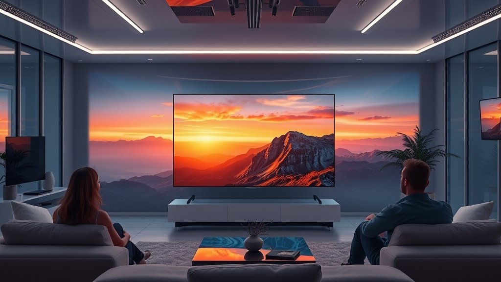 A futuristic living room with a large Samsung TV displaying a stunning 8K resolution image, with a few people sitting on a couch and admiring the picture quality.