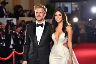 A photo of a glamorous celebrity couple walking the red carpet at the Golden Globes 2026, with a backdrop of flashing cameras and cheering crowds.