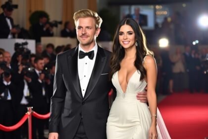 A photo of a glamorous celebrity couple walking the red carpet at the Golden Globes 2026, with a backdrop of flashing cameras and cheering crowds.