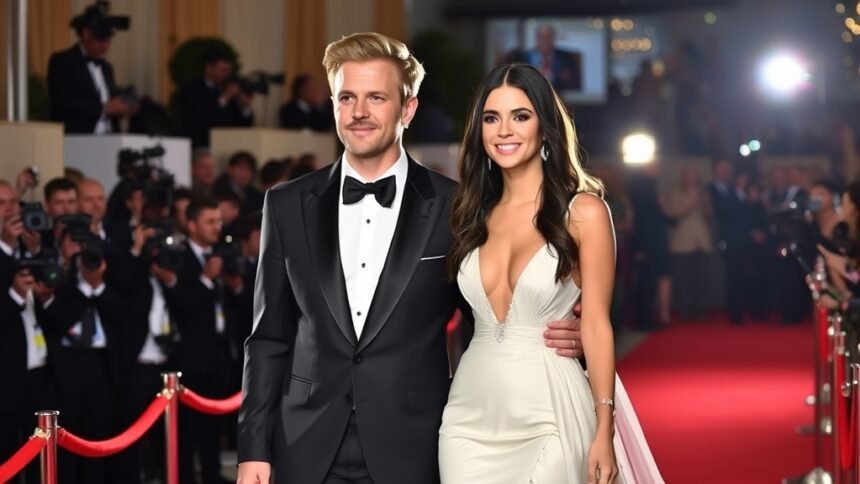 A photo of a glamorous celebrity couple walking the red carpet at the Golden Globes 2026, with a backdrop of flashing cameras and cheering crowds.